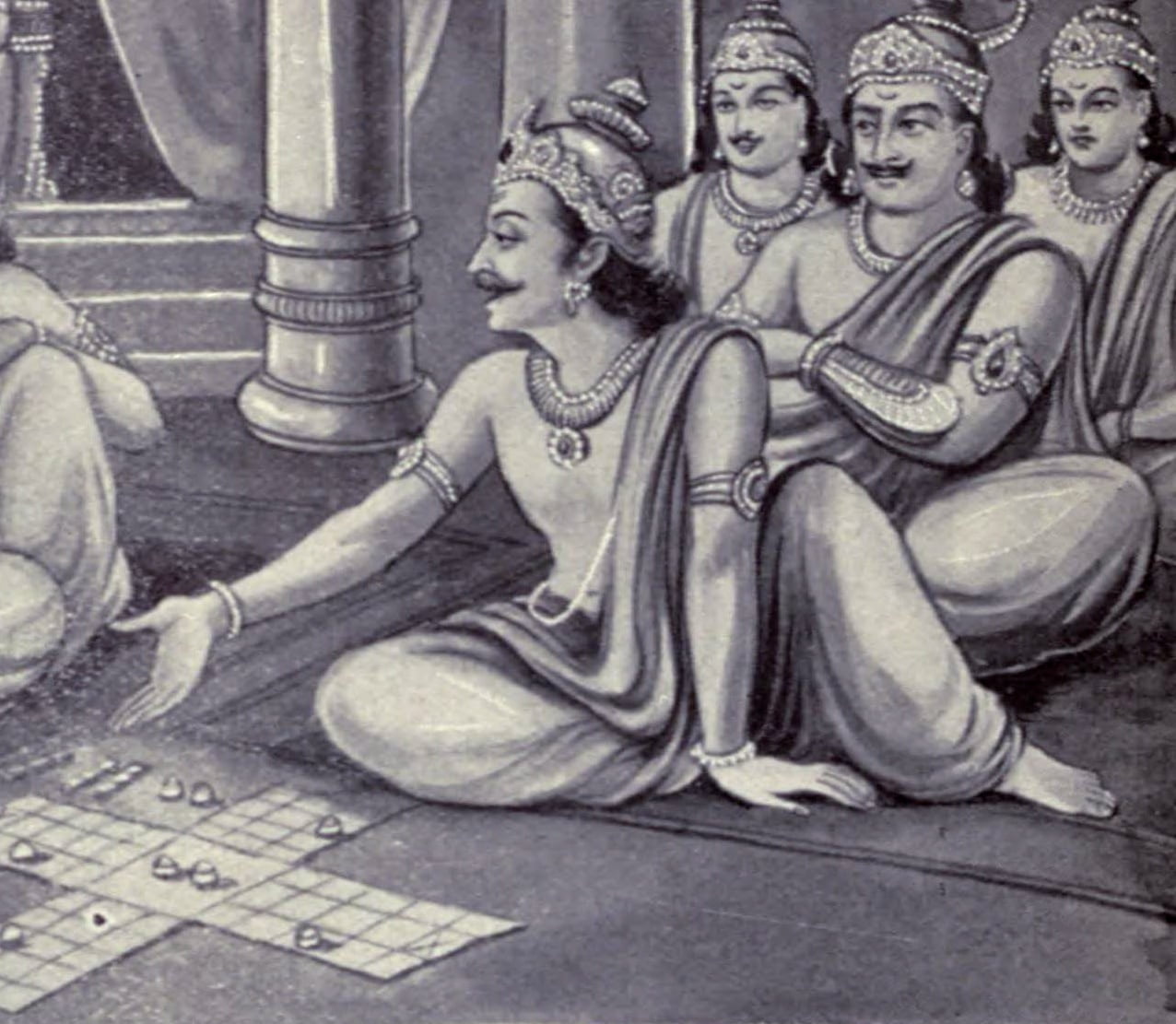 Yudhishthira and his brothers playing the game of dice